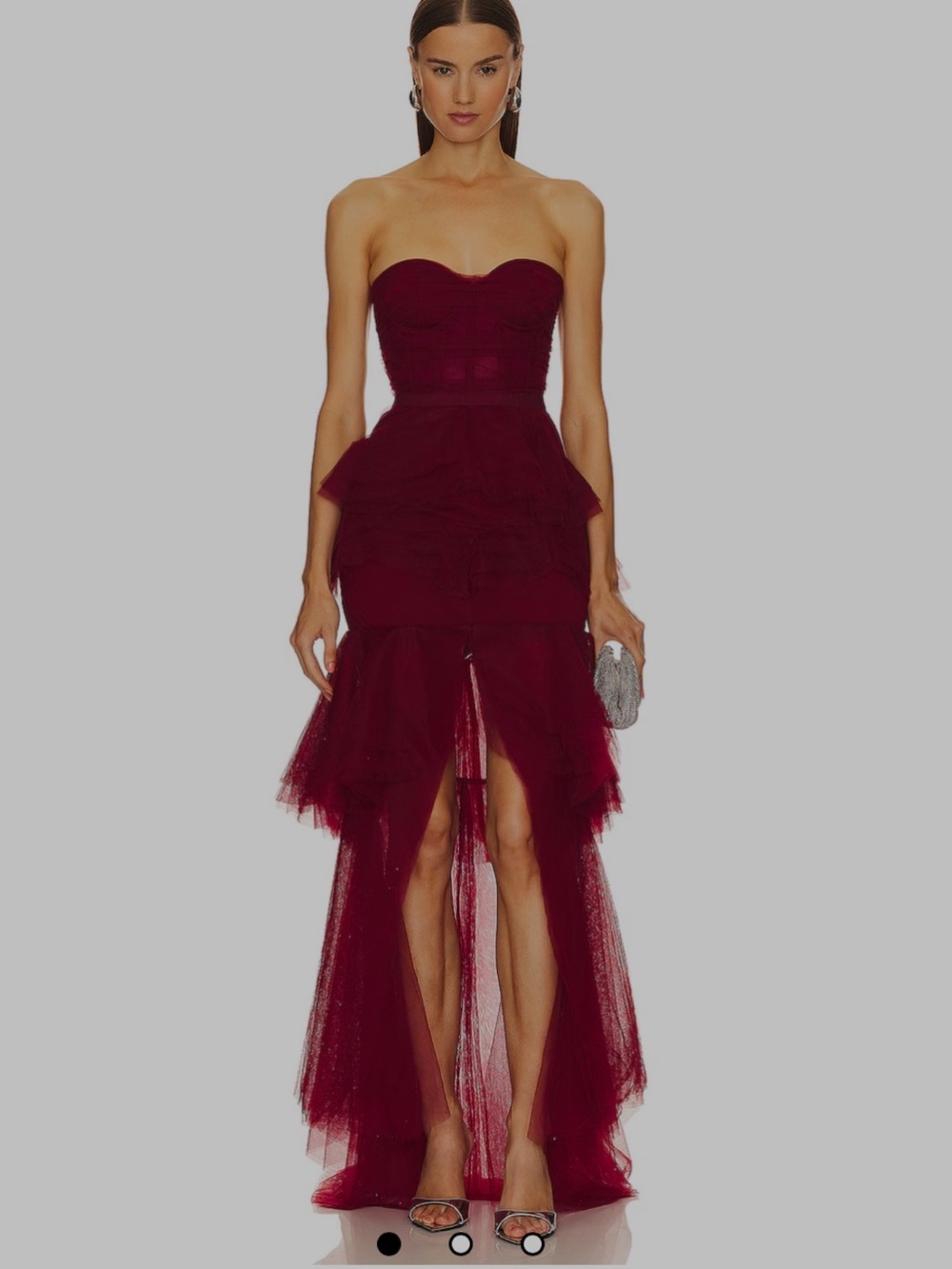 Michael Costello Strapless Burgundy High-Low Tulle Gown